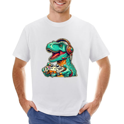 Inkmay Casual  Cotton T-shirt Gaming Dinosaur With Headphones And Unisex T-shirt100% Cotton Daily T-Shirt