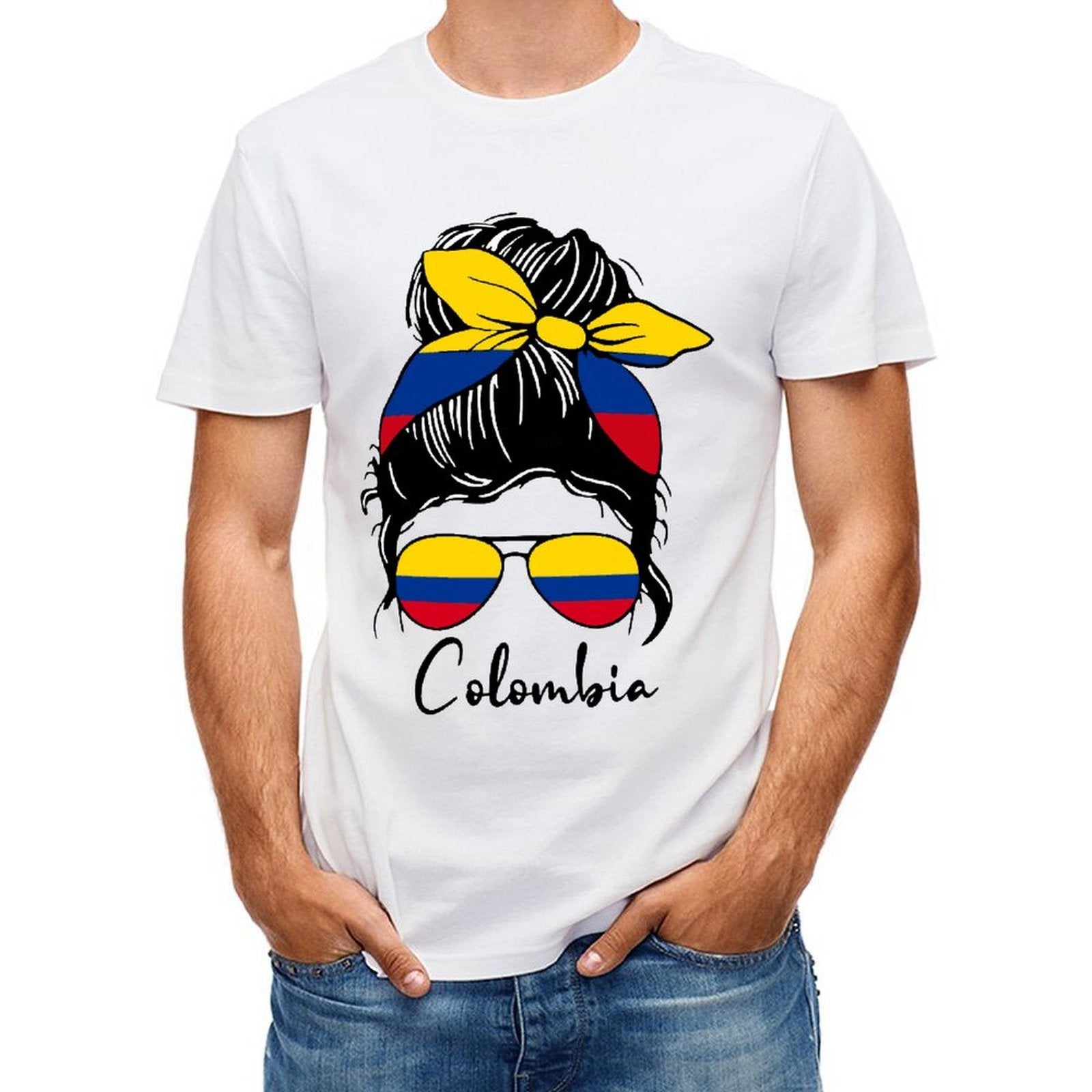 Inkmay Casual Cotton T-shirt Colombian Flag Pattern On Sunglasses Bandana Unisex T-shirtYearRound Performance T-Shirt