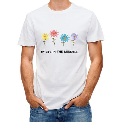 Inkmay Casual Cotton T-shirt Colorful Flowers On White Background Design Unisex T-shirtClassicSeries Tear-Resistant T-Shirt