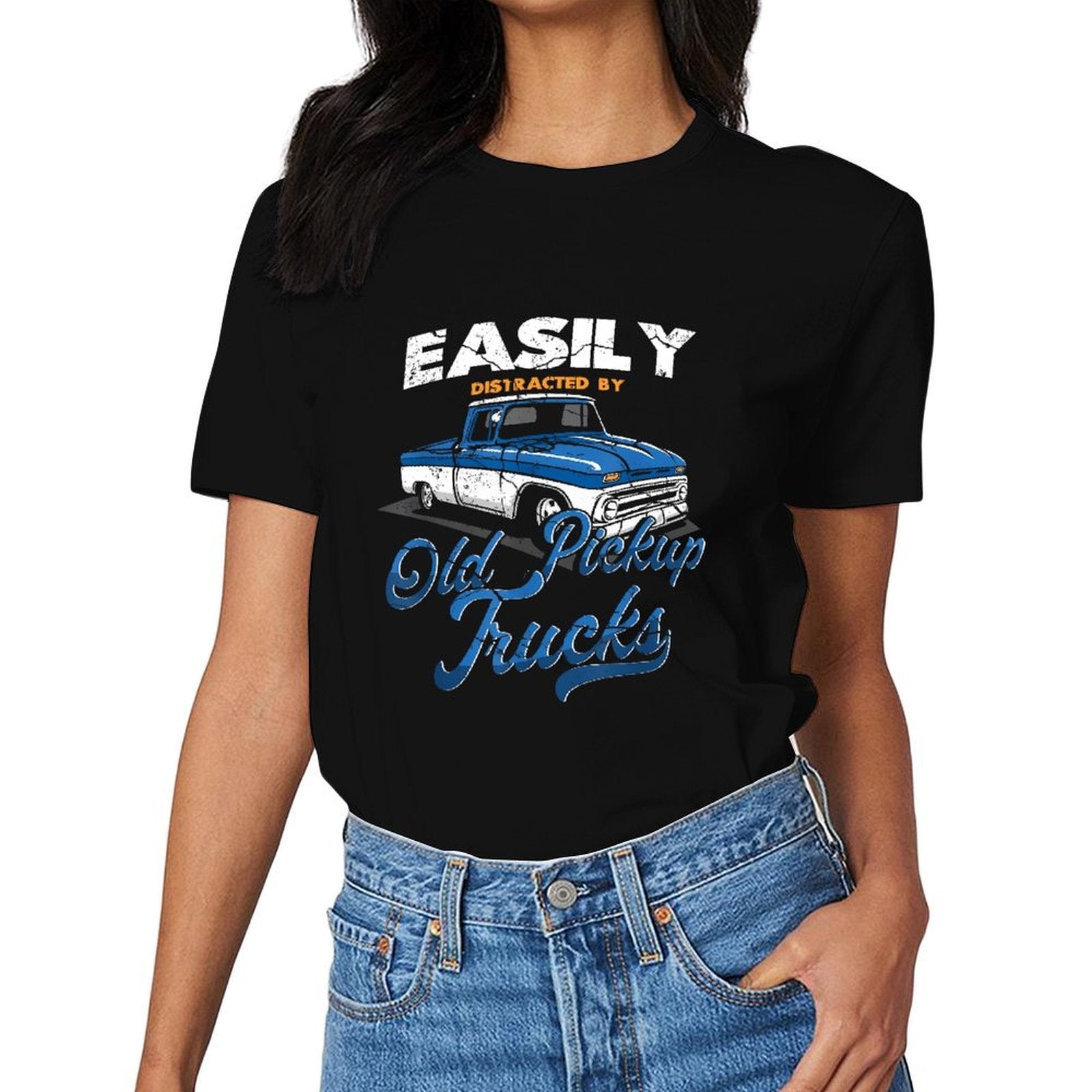 Inkmay Casual Cotton T-shirt Old Pickup Trucks Blue And White Unisex T-shirtClassicFit Smooth Feel T-Shirt
