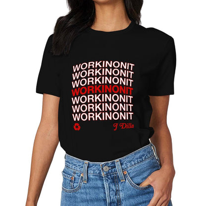Inkmay Casual Cotton T-shirt Workinonit Pattern Printed On Red Unisex T-shirtRelaxed ClassicLine T-Shirt