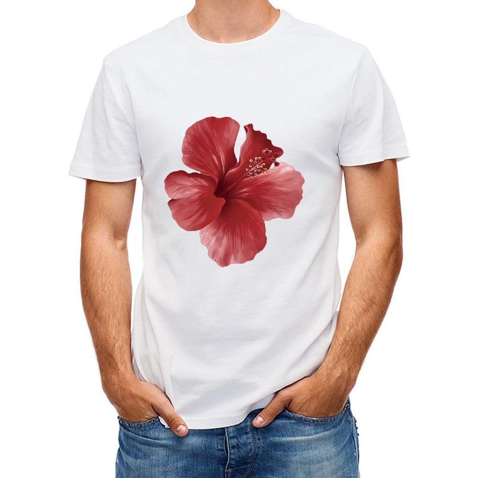 Inkmay Casual Cotton T-shirt Vivid Red Hibiscus Flower Art Print Unisex T-shirtPremium Finish Smooth Feel T-Shirt
