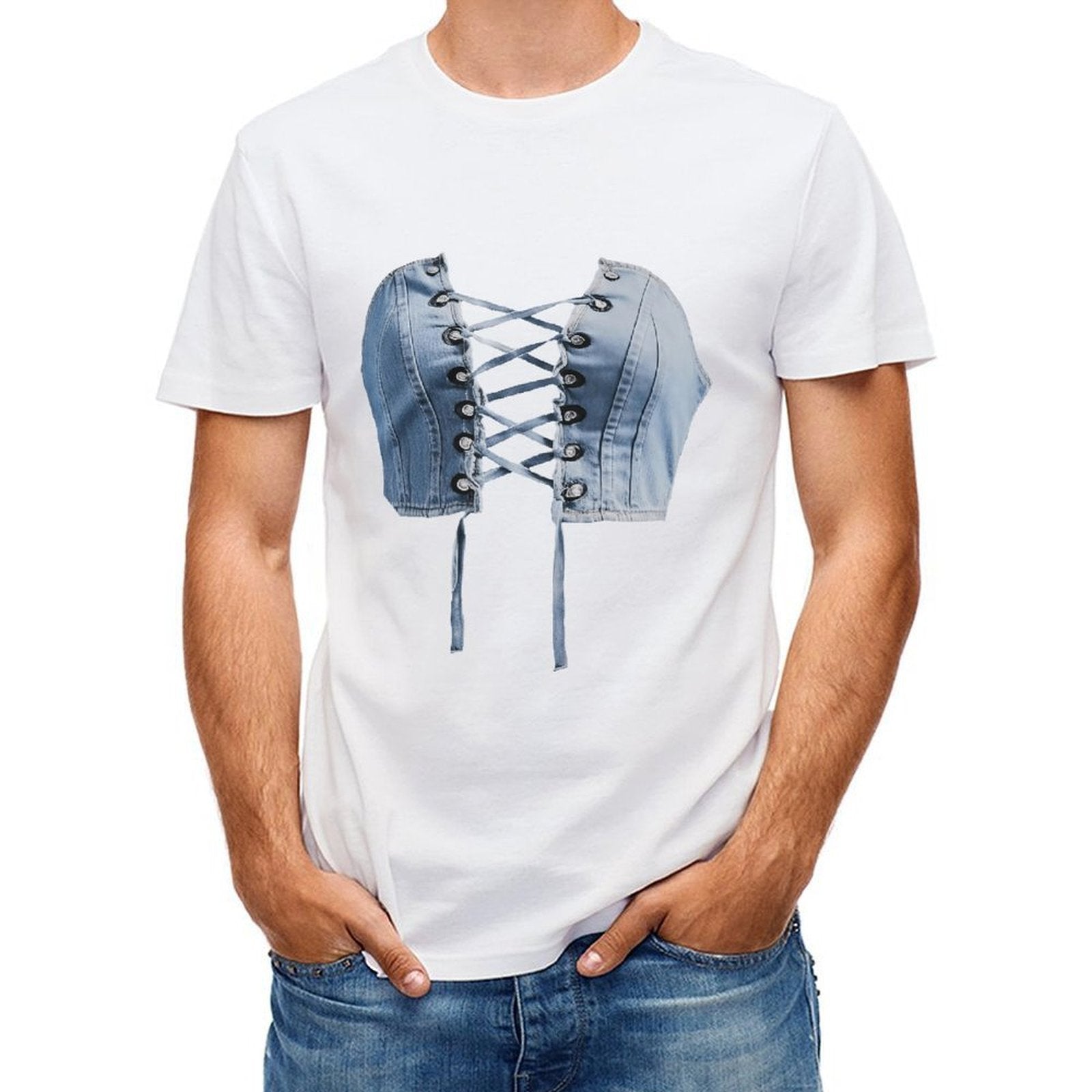 Inkmay Casual Cotton T-shirt Denim Material With Lace Up Design Unisex T-shirtShrink-Resistant Fade-Proof T-Shirt