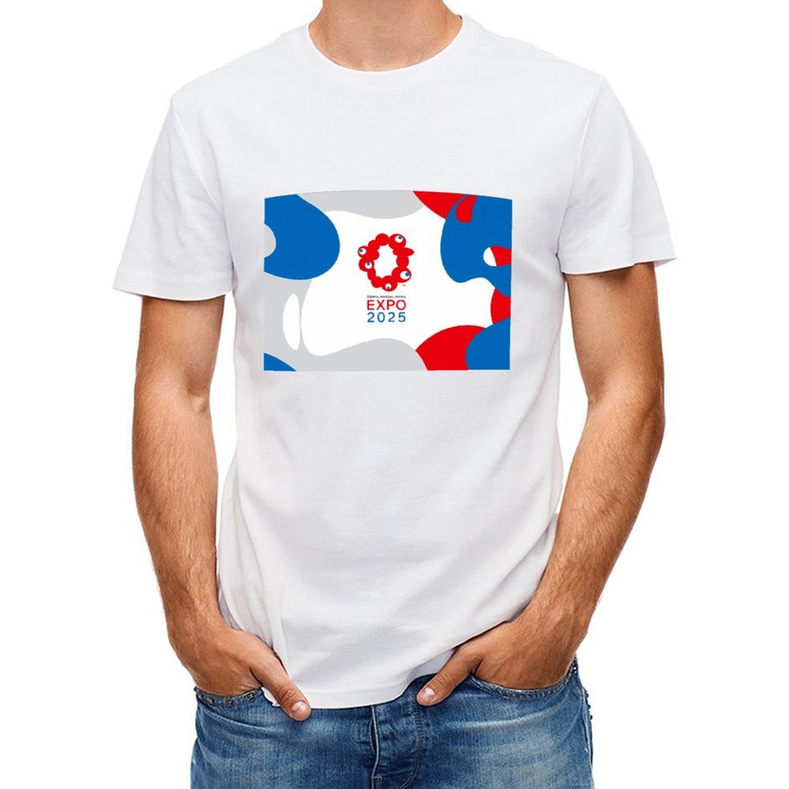 Inkmay Casual Cotton T-shirt Abstract Design With Red Blue Shapes Unisex T-shirtColorfast Heavyweight T-Shirt
