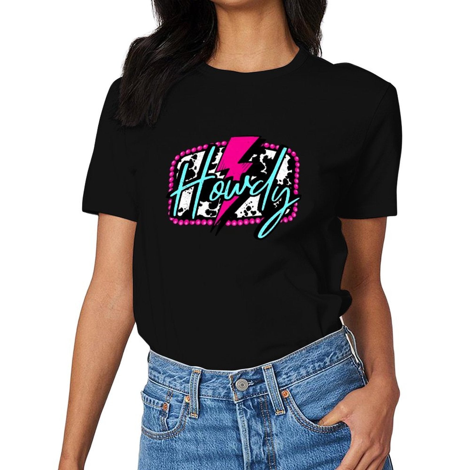 Inkmay Casual  Cotton T-shirt Howdy With Pink And Teal Splashes Unisex T-shirtClassic Bold T-Shirt