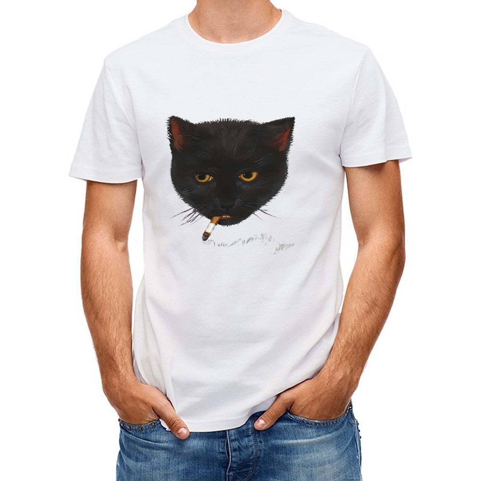 Inkmay Casual  Cotton T-shirt Black Cat Smoking Cigarette Art Print Unisex T-shirtRetro Daily T-Shirt