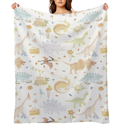 Dinosaur Print Blanket White with Multicolor Dinosaurs and Moon Pattern for Cozy Bedding