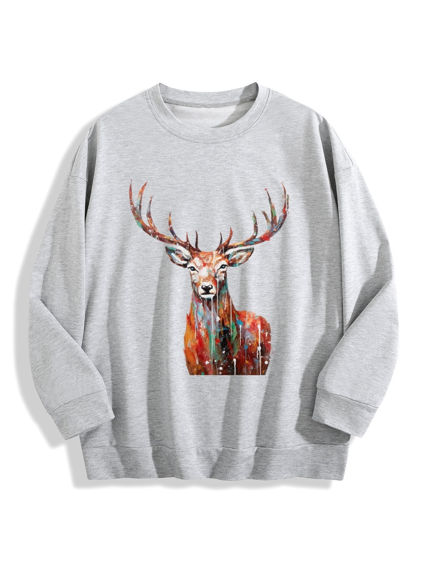 Customizable Christmas-themed long-sleeved shirt with oil painting of reindeer