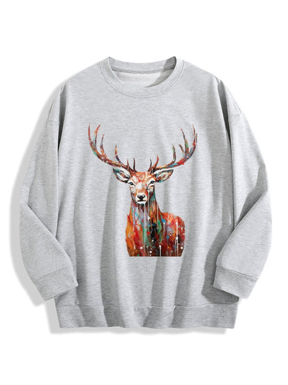 Customizable Christmas-themed long-sleeved shirt with oil painting of reindeer