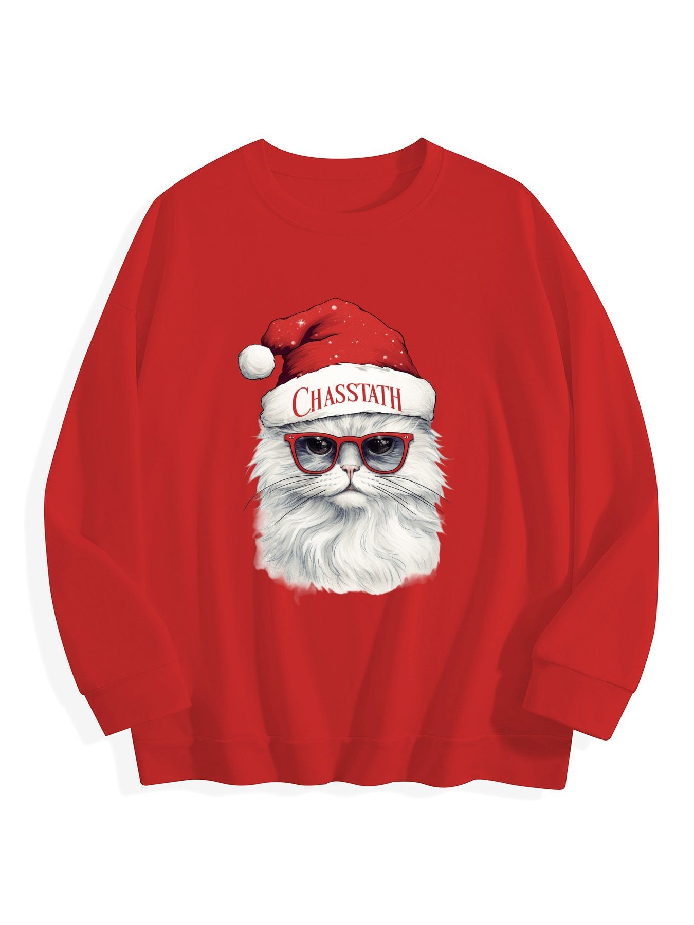 Customizable Christmas-themed long-sleeved shirt, paired with cat-themed glasses.
