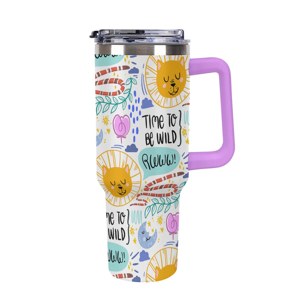 Travel Mug with Handle White Colorful Sun Moon Stars and Time to Be Wild Print for Outdoor Adventures