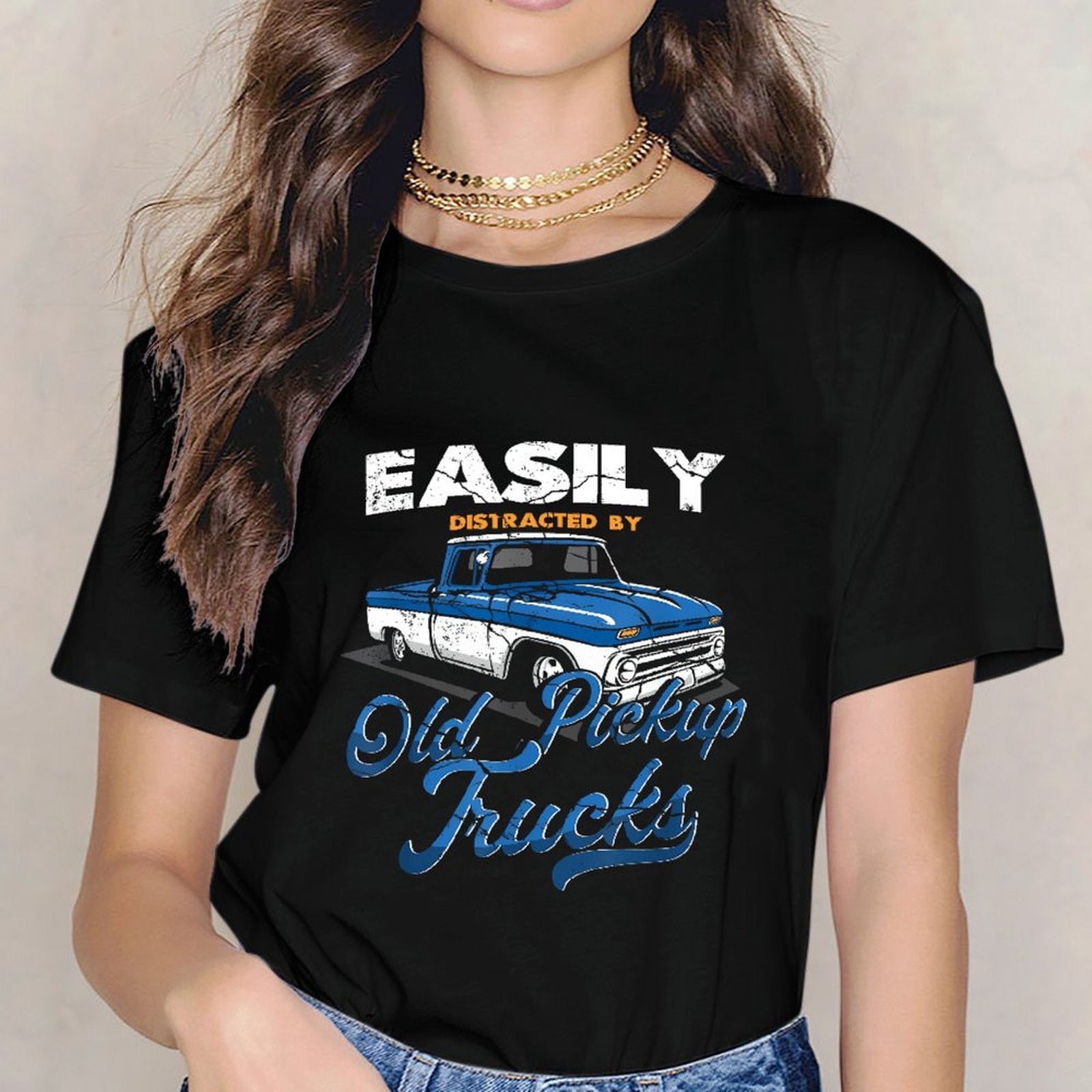 Inkmay Casual Cotton T-shirt Old Pickup Trucks Blue And White Unisex T-shirtClassicFit Smooth Feel T-Shirt