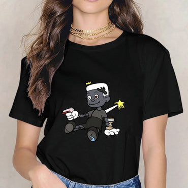 Inkmay Casual Cotton T-shirt Cartoon Puppet Holding Gun And Star Unisex T-shirt