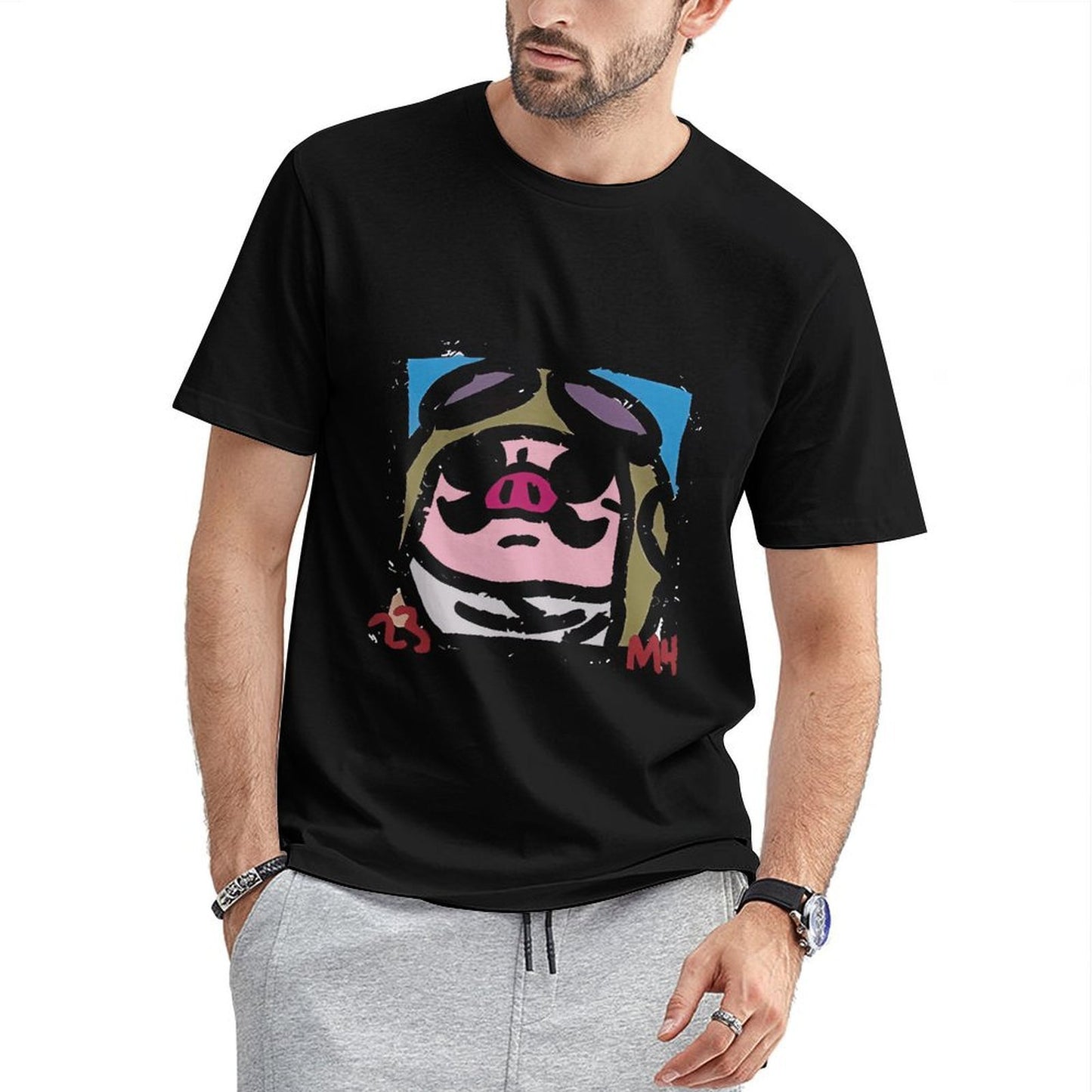 Inkmay Casual Cotton T-shirt Cartoon Pig Wearing Sunglasses And Hat Unisex T-shirt