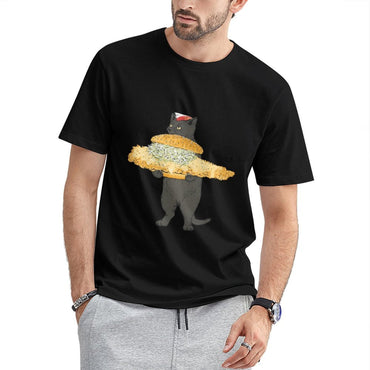 Inkmay Casual Cotton T-shirt Cat Holding Giant Sandwich With Toppings Unisex T-shirtAllSeason StreetLine T-Shirt