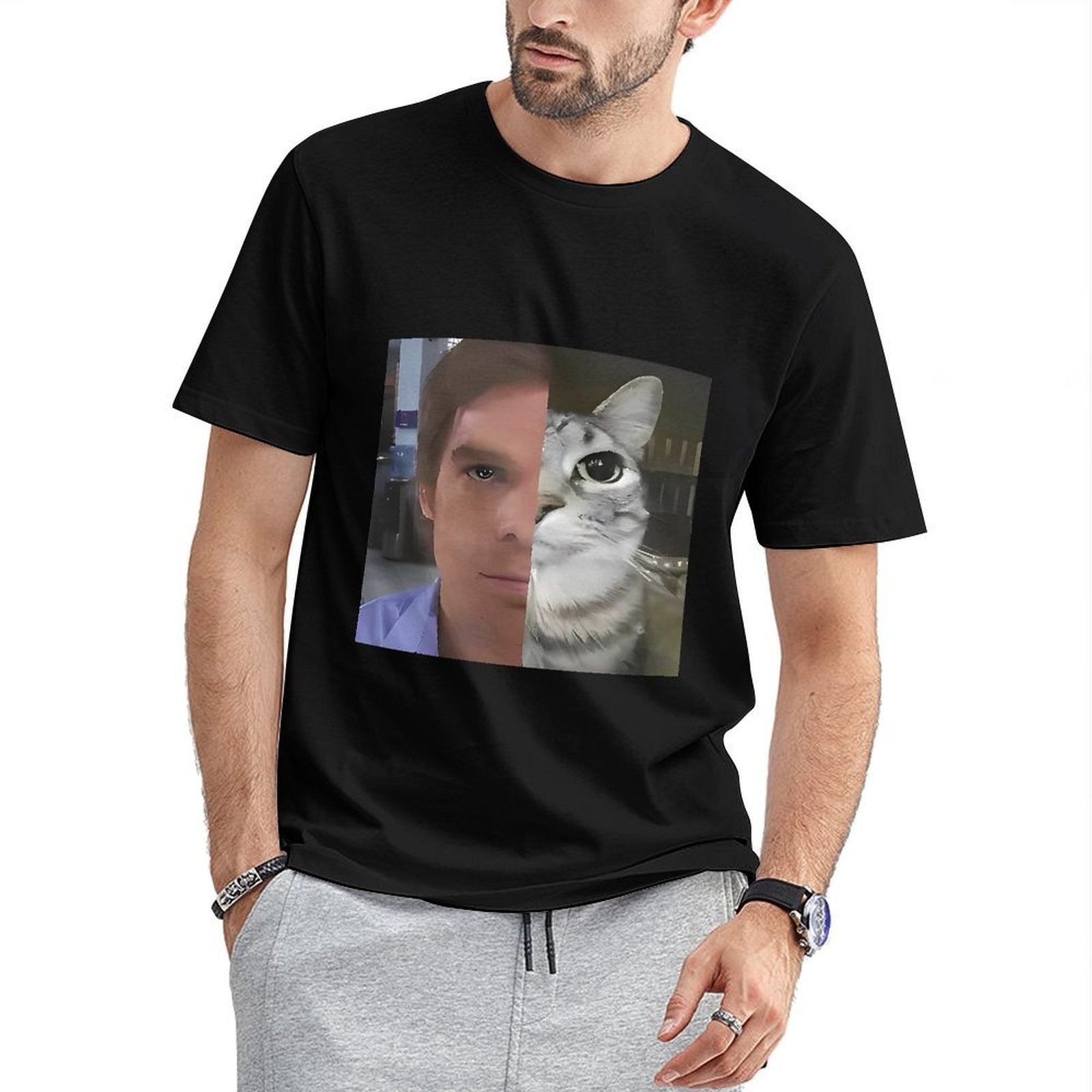 Inkmay Casual Cotton T-shirt Half Human Half Cat Face Split Unisex T-shirtAllDay Midweight T-Shirt