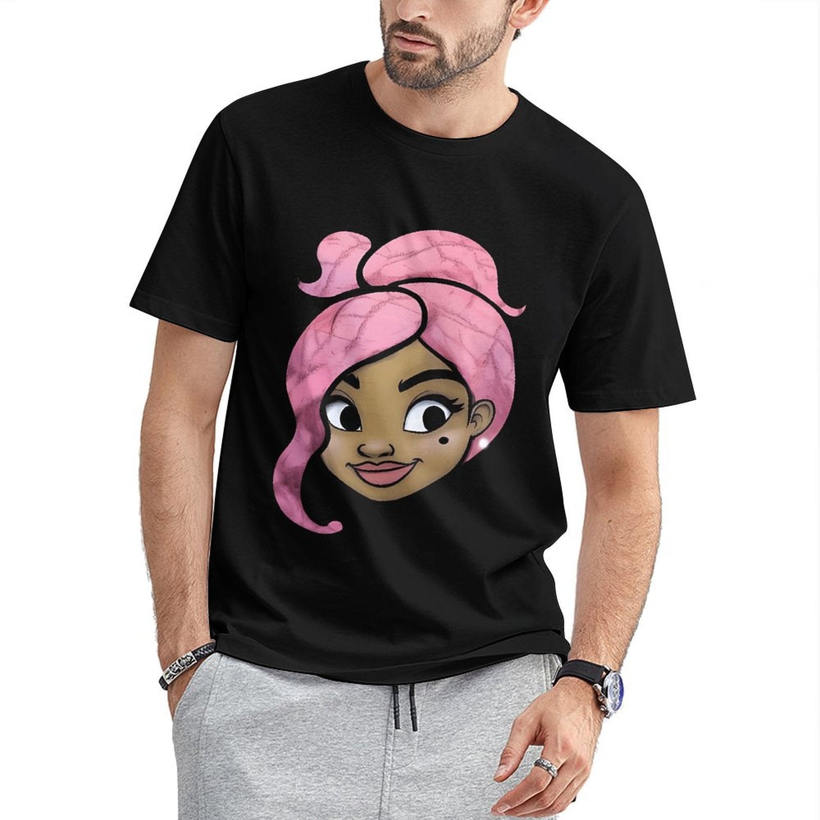 Inkmay Casual Cotton T-shirt Pink Hair With Swirls And Highlights Unisex T-shirtDaily ClassicSeries T-Shirt
