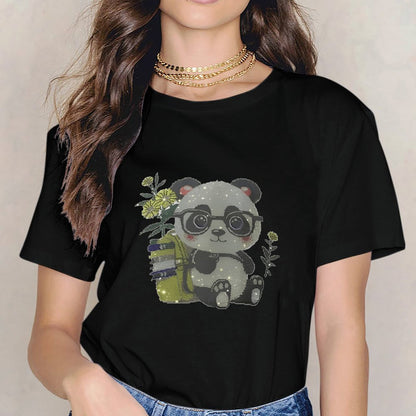 Inkmay Casual  Cotton T-shirt Adorable Panda With Glasses And Books Unisex T-shirt