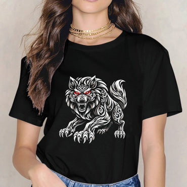 Inkmay Casual  Cotton T-shirt Fierce Wolf Tribal Artwork Design Prints Unisex T-shirtNeutral On-Demand T-Shirt