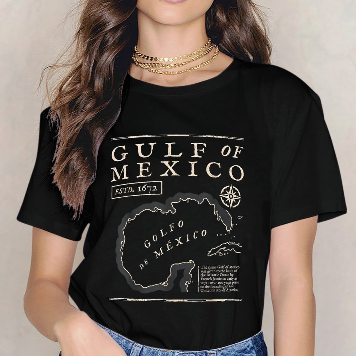 Inkmay Casual Cotton T-shirt Gulf Of Mexico Map Print Unisex T-shirt