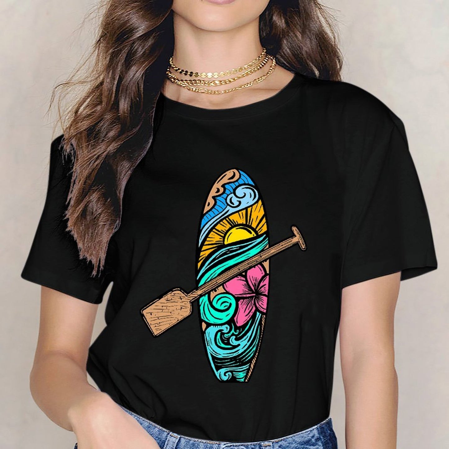 Inkmay Casual Cotton T-shirt Surfboard With Colorful Waves And Unisex T-shirtRelaxed Refined T-Shirt