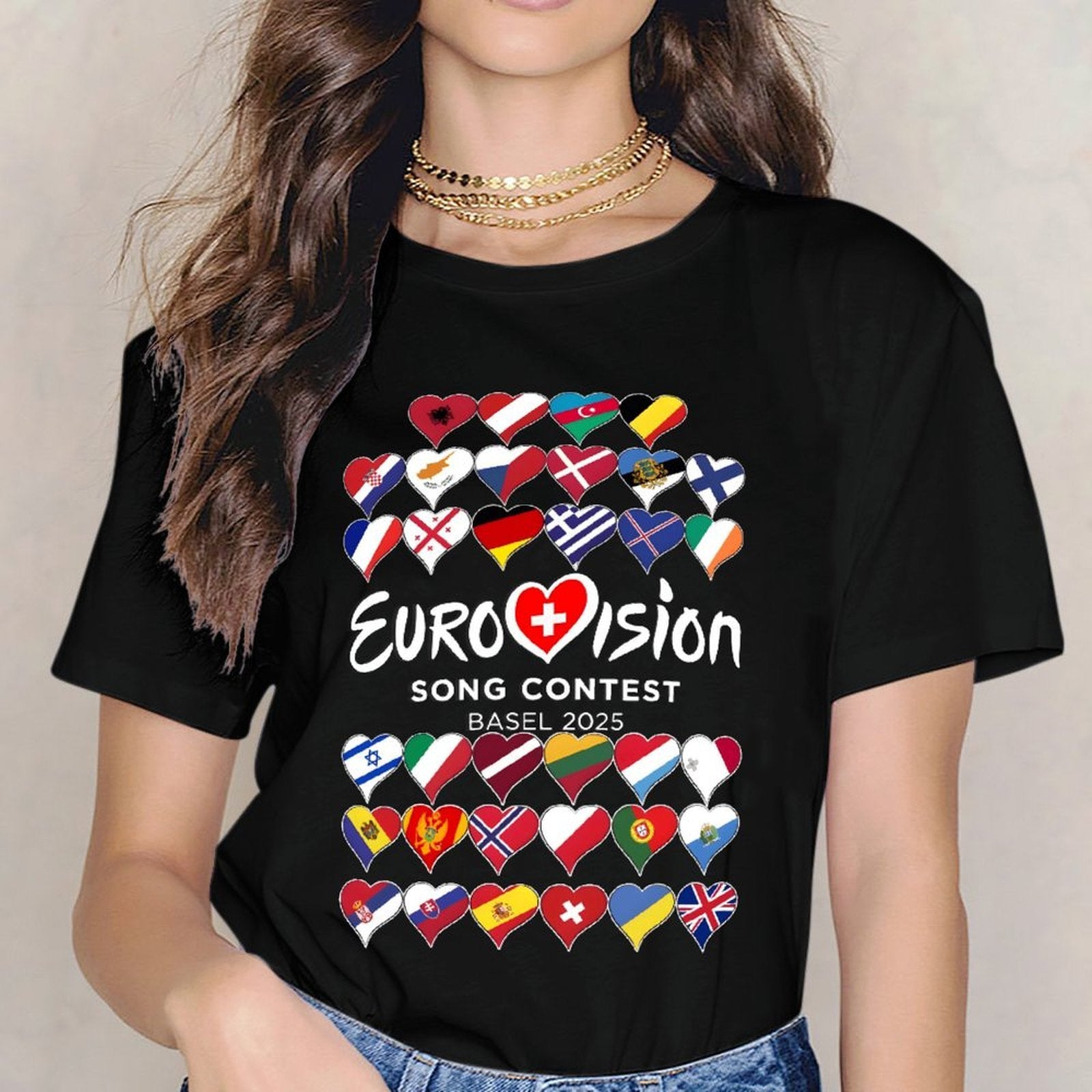 Inkmay Casual  Cotton T-shirt Eurovision Song Contest Flags Heart Design Unisex T-shirtActiveLine Eco / Sustainable T-Shirt