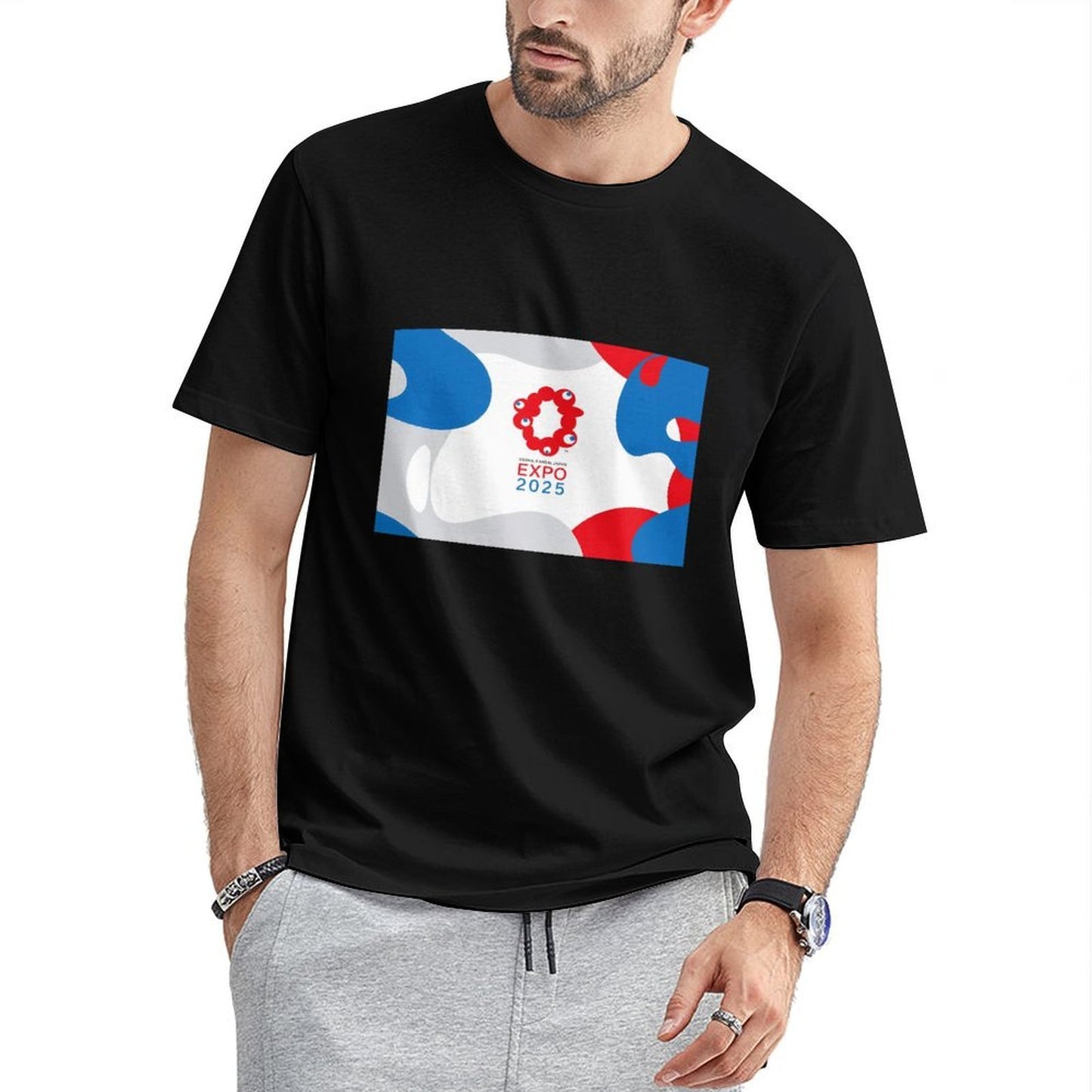 Inkmay Casual Cotton T-shirt Abstract Design With Red Blue Shapes Unisex T-shirtColorfast Heavyweight T-Shirt