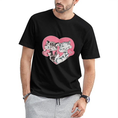 Inkmay Casual Cotton T-shirt Cute Cats Holding Hearts Pattern Prints Unisex T-shirtWeekend Lifestyle T-Shirt
