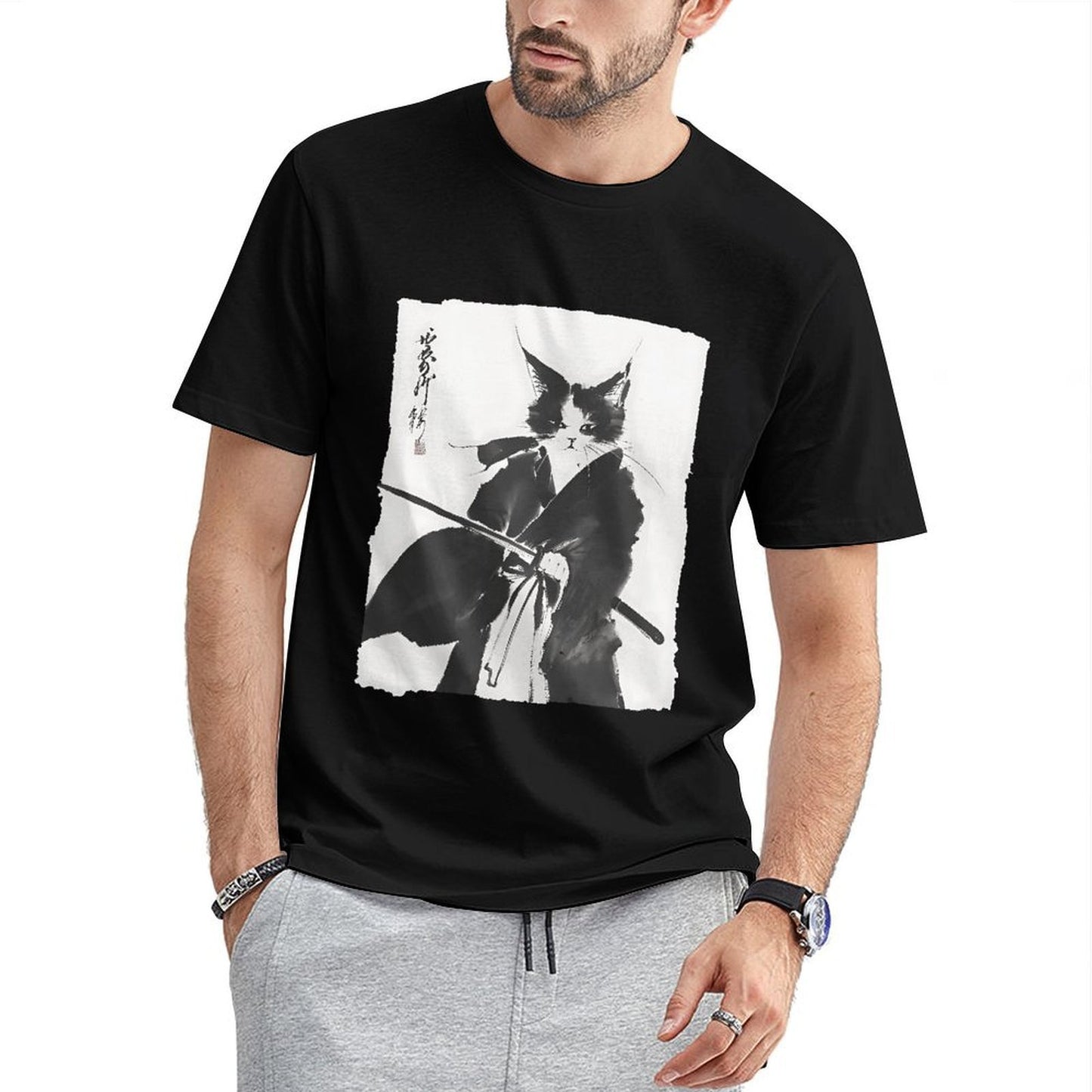 Inkmay Casual Cotton T-shirt Artistic Cat With Samurai Sword Design Unisex T-shirtClassicStyle Vibrant Colors T-Shirt