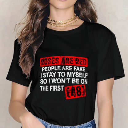 Inkmay Casual Cotton T-shirt Red Roses Pattern Print With Numbers Unisex T-shirtClassic Fit Crewneck T-Shirt
