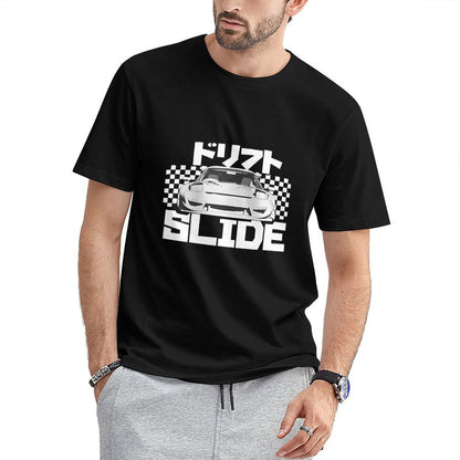 Inkmay Casual  Cotton T-shirt Drift Slide Car On Checkerboard Background Unisex T-shirtDaily ComfortLine T-Shirt