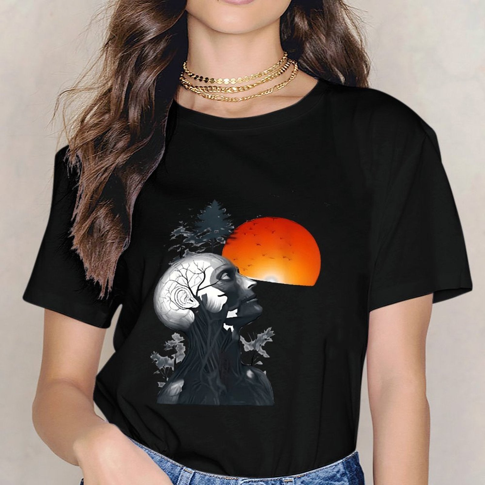 Inkmay Casual  Cotton T-shirt Abstract Human Head With Nature Elements Unisex T-shirtFresh Wrinkle-Free T-Shirt