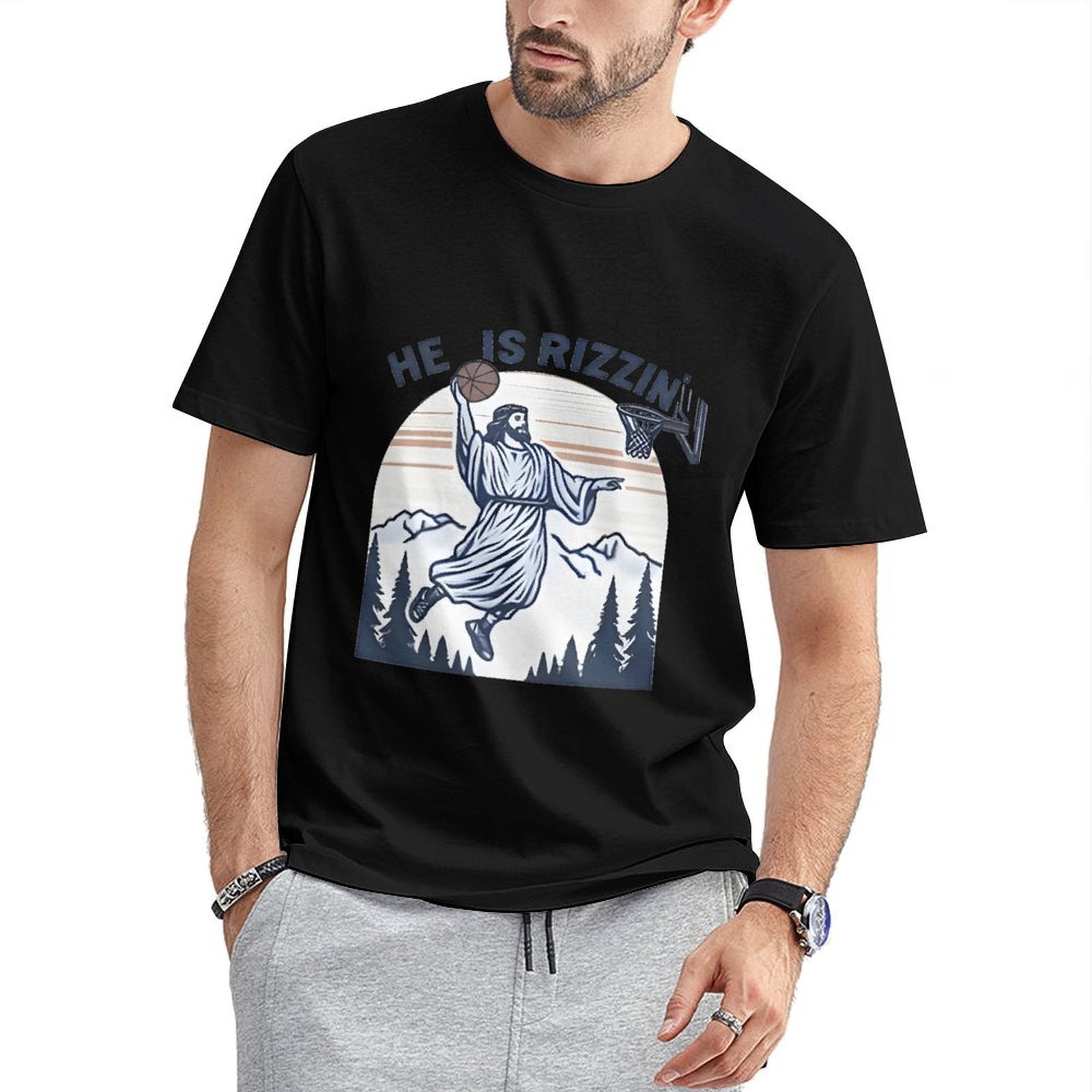 Inkmay Casual  Cotton T-shirt Jesus Playing Basketball In Mountain Scene Unisex T-shirtColorfast Neat T-Shirt