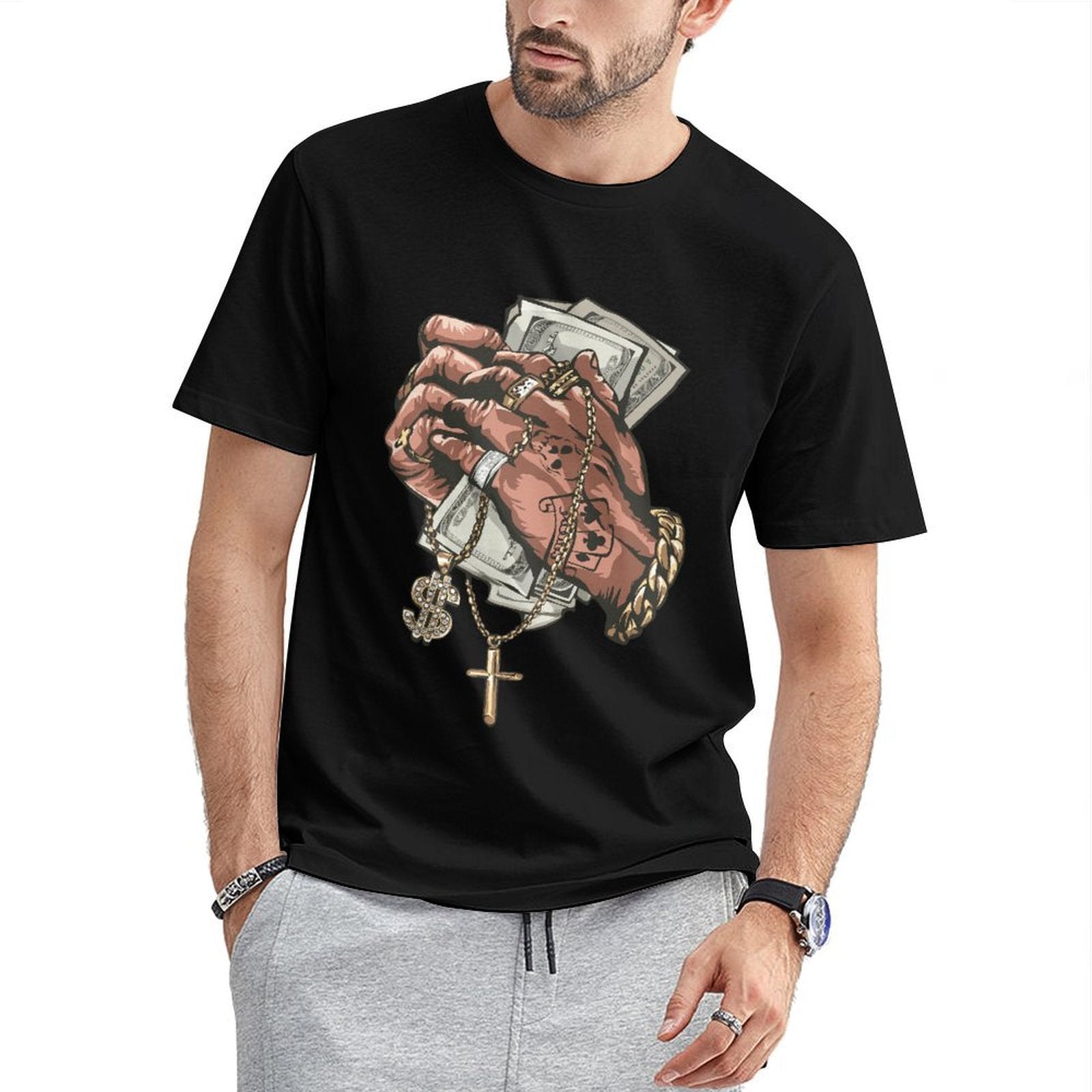 Inkmay Casual Cotton T-shirt Luxury Hands Holding Money And Jewelry Unisex T-shirtPremium Bold T-Shirt