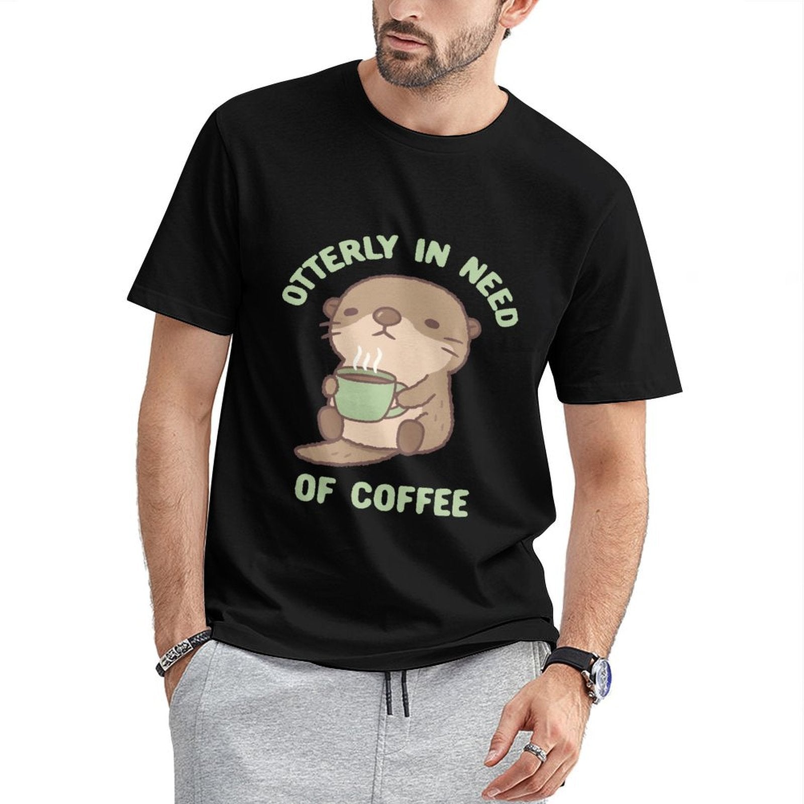 Inkmay Casual  Cotton T-shirt Cute Otter Holding Green Coffee Cup Unisex T-shirtMade-to-Order Essential T-Shirt