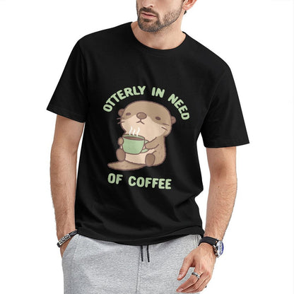Inkmay Casual  Cotton T-shirt Cute Otter Holding Green Coffee Cup Unisex T-shirtMade-to-Order Essential T-Shirt