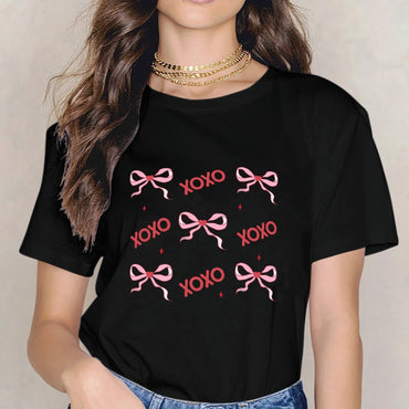 Inkmay Casual Cotton T-shirt Red Background With Pink Bows Hearts Unisex T-shirtMen¡¯s / Women¡¯s / Youth EverydayComfort T-Shirt