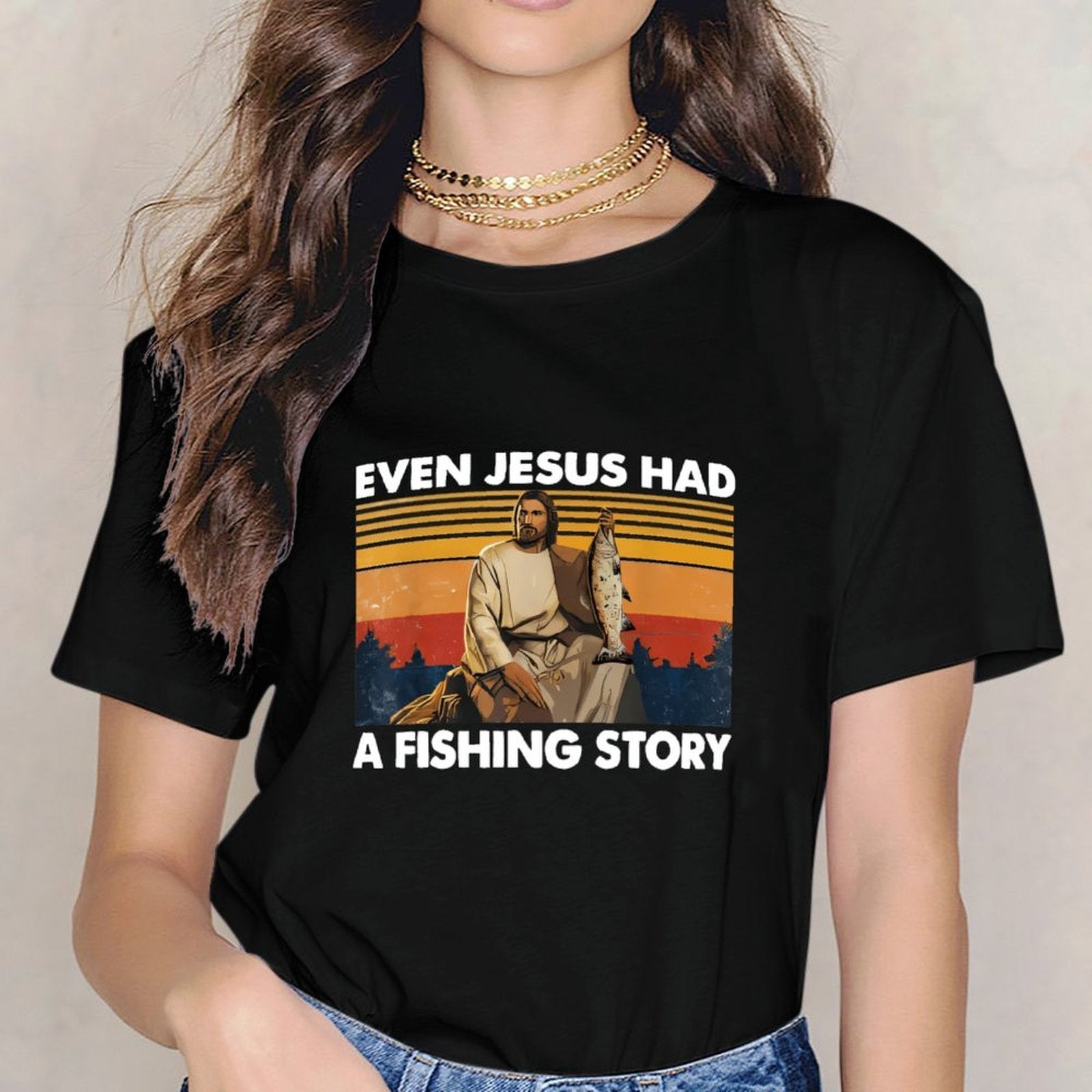 Inkmay Casual  Cotton T-shirt Jesus Holding Fish Over Sunset Background Unisex T-shirtSoft-Touch Simple T-Shirt
