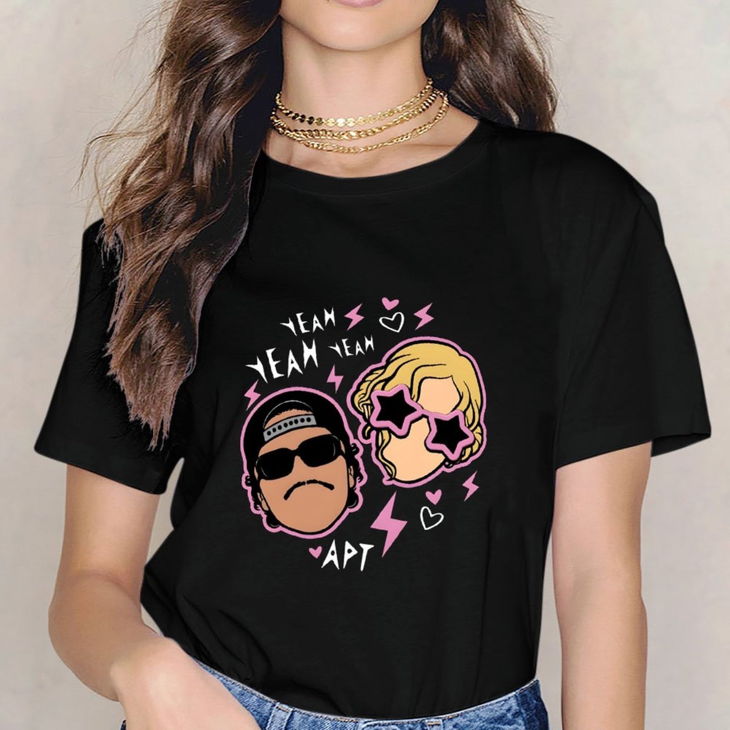 Inkmay Casual  Cotton T-shirt Cartoon Characters With Pink Outlines And Unisex T-shirtActive Simple T-Shirt