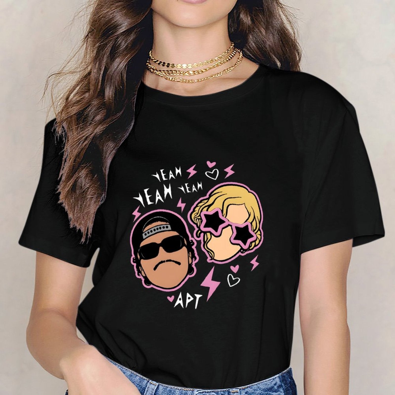 Inkmay Casual  Cotton T-shirt Cartoon Characters With Pink Outlines And Unisex T-shirtActive Simple T-Shirt