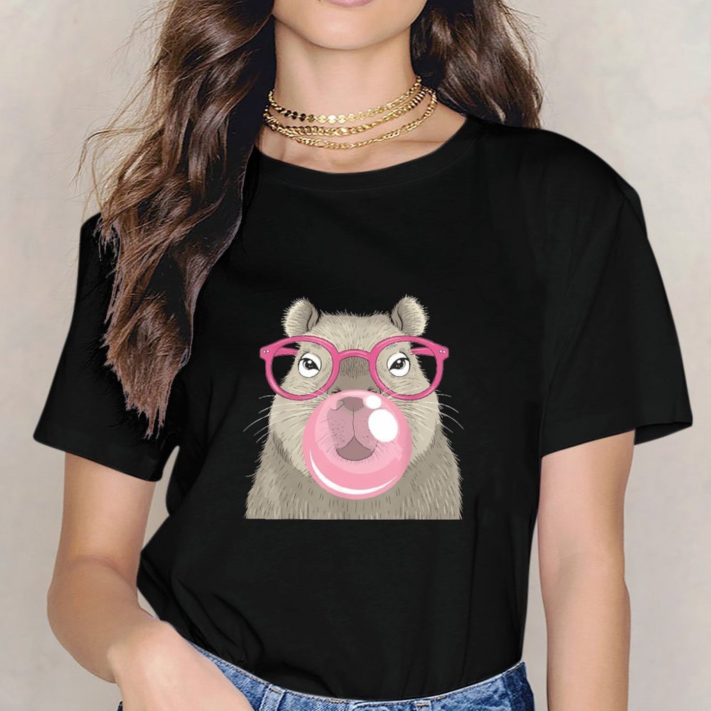 Inkmay Casual Cotton T-shirt Cartoon Bear With Pink Glasses Bubble Unisex T-shirt