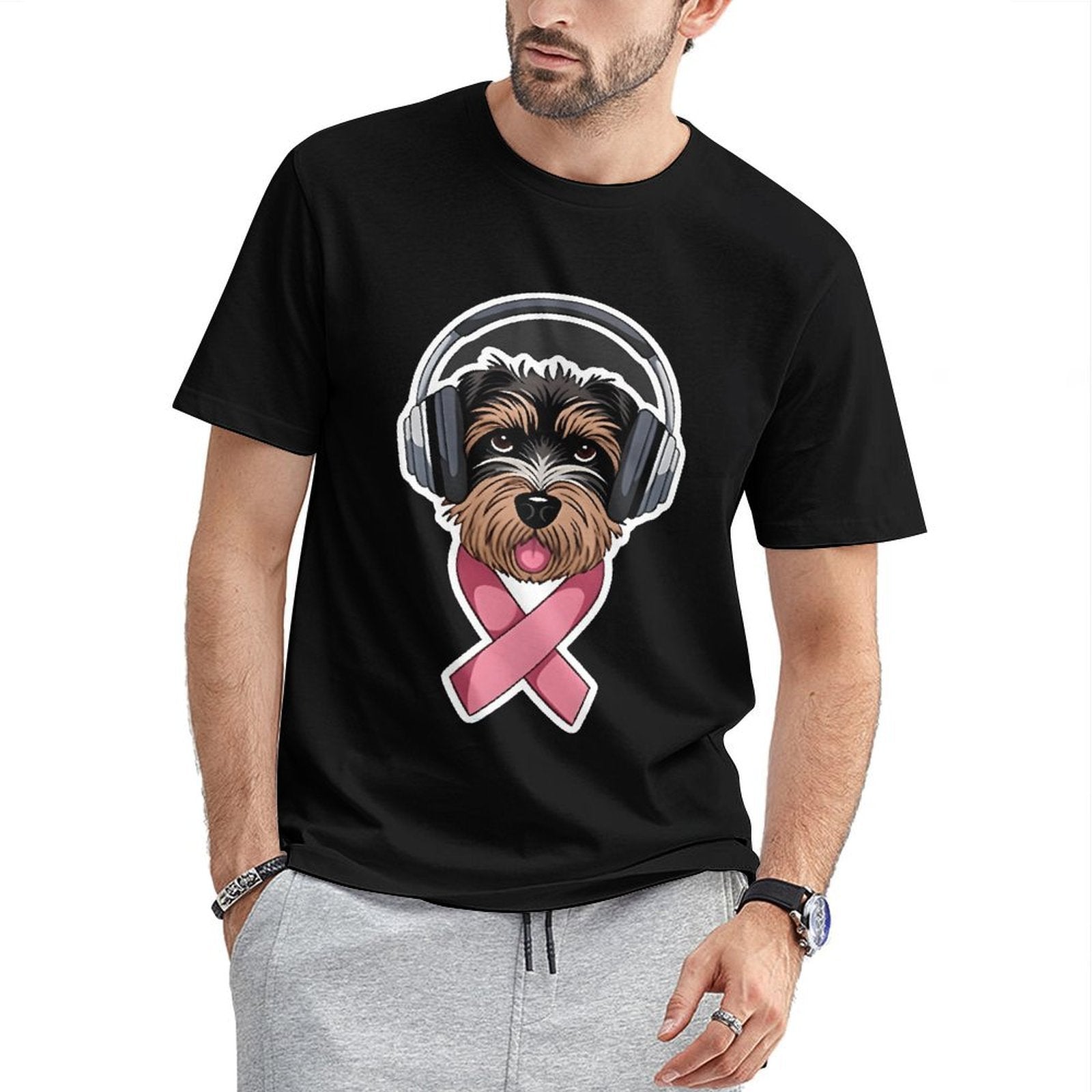 Inkmay Casual  Cotton T-shirt Dog Wearing Headphones Pink Ribbon Support Unisex T-shirtClean Chill T-Shirt