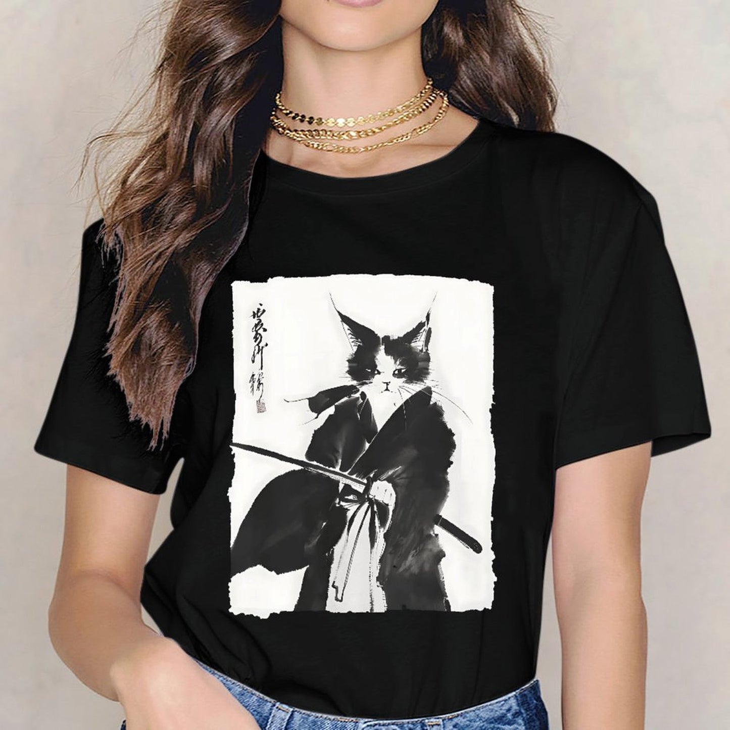 Inkmay Casual Cotton T-shirt Artistic Cat With Samurai Sword Design Unisex T-shirtClassicStyle Vibrant Colors T-Shirt
