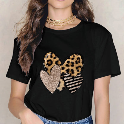 Inkmay Casual Cotton T-shirt Heart Shapes With Leopard And Glitter Unisex T-shirtSmooth Feel SimpleFit T-Shirt