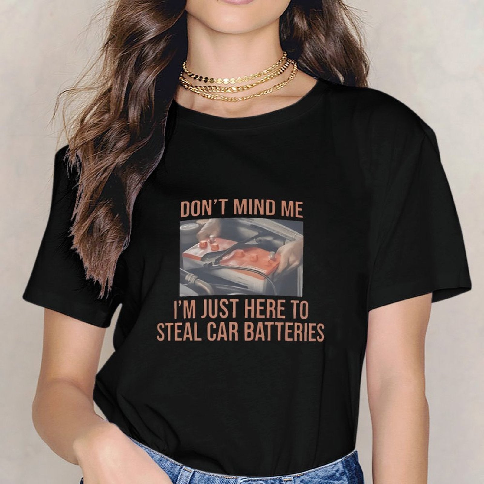 Inkmay Casual  Cotton T-shirt Car Battery Theft Warning Sign Poster Unisex T-shirtEco-Conscious Lifestyle T-Shirt