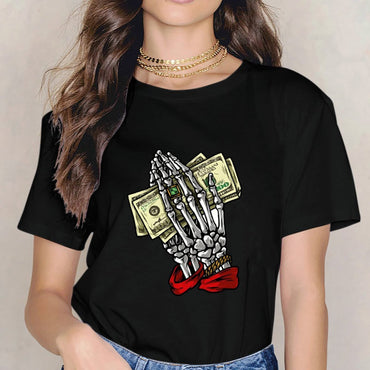 Inkmay Casual  Cotton T-shirt Skeleton Hand Holding Money Bills Art Unisex T-shirtBreathable EverydayTee T-Shirt