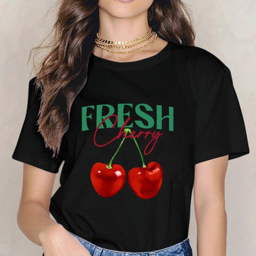 Inkmay Casual Cotton T-shirt Cherry Pattern Prints Fresh And Vibrant Unisex T-shirtBasic Plain T-Shirt