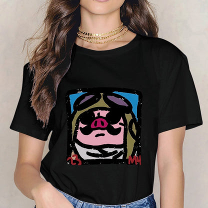 Inkmay Casual Cotton T-shirt Cartoon Pig Wearing Sunglasses And Hat Unisex T-shirt