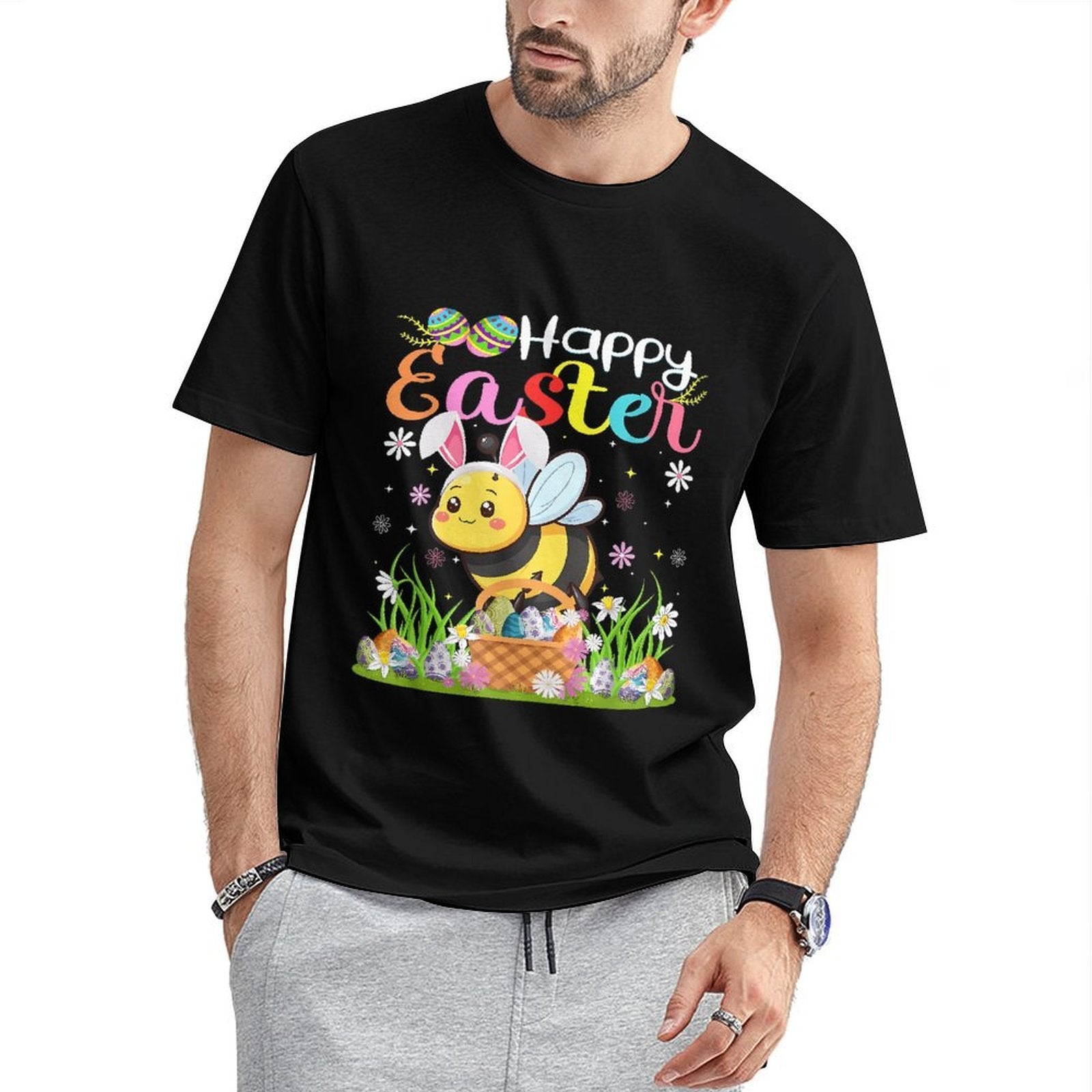 Inkmay Casual Cotton T-shirt Happy Easter Bee With Eggs Unisex T-shirtPure Classic Fit T-Shirt
