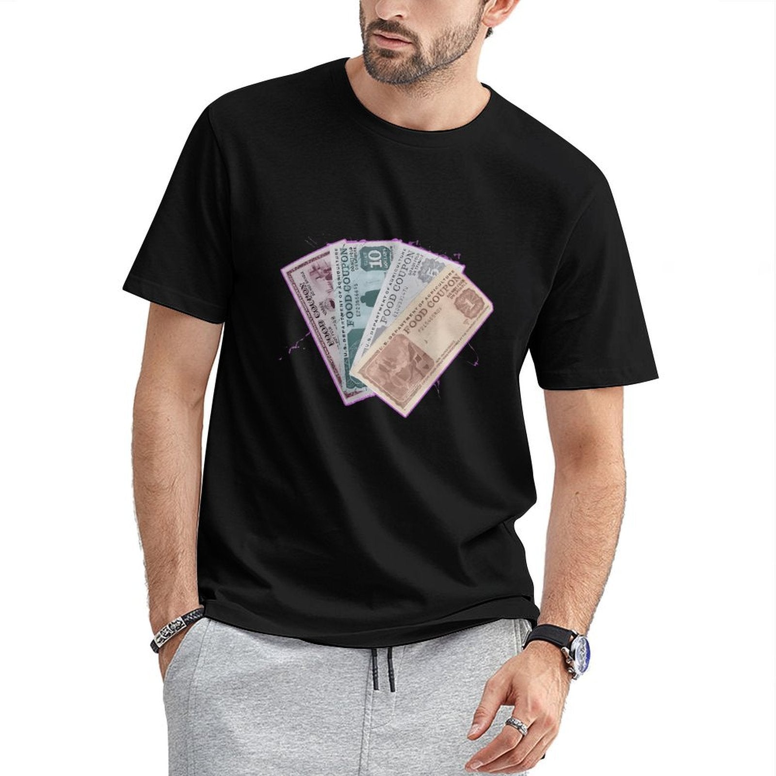 Inkmay Casual  Cotton T-shirt Vintage Food Coupons With Colorful Borders Unisex T-shirtDouble-Stitched Solid T-Shirt